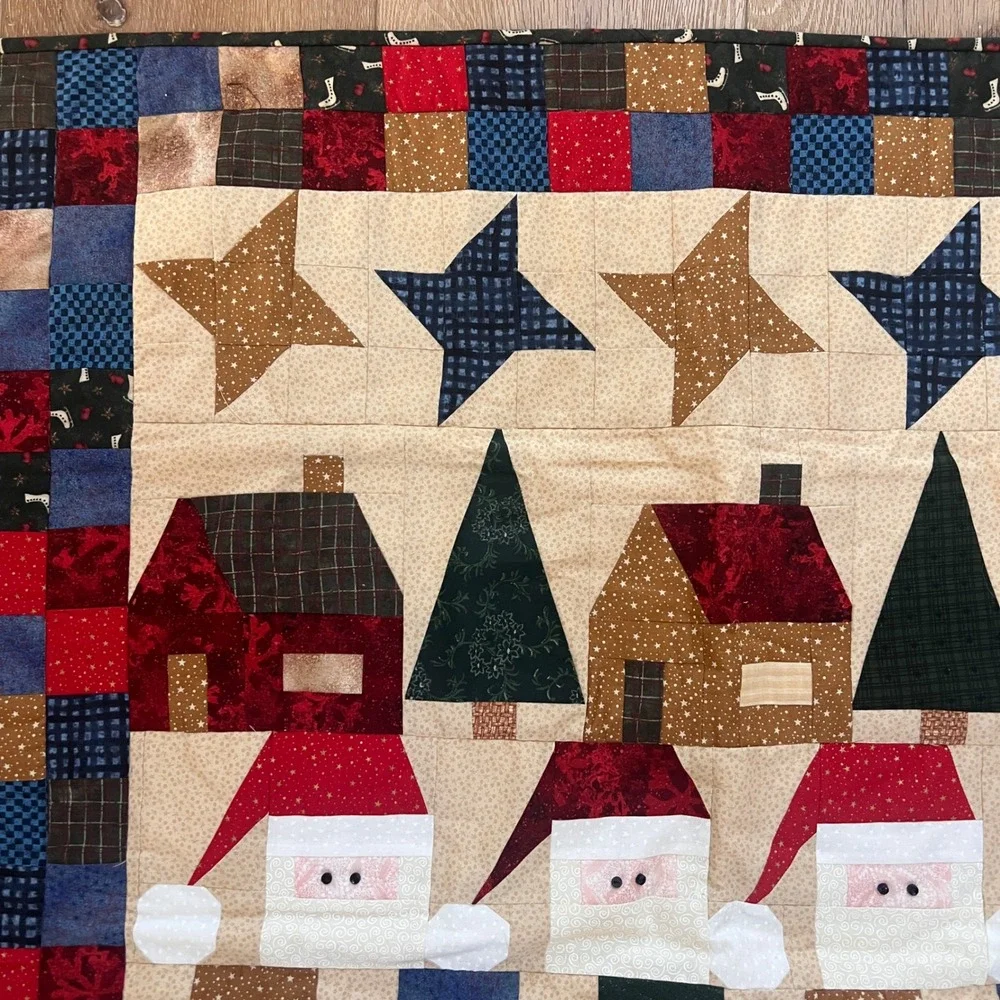 Handmade Christmas Patchwork Quilt Santa Gingerbread Wall Hanging Primitive